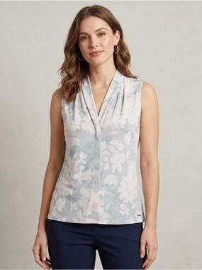 Calvin Klein Sleeveless V-Neck Blouse Tank Top Medium Light Gray Floral Print